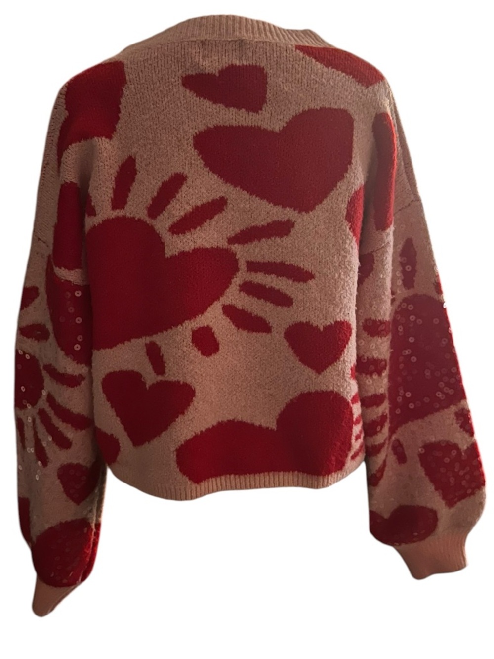 Women's Luna Ivy Pink Red Hearts Sequin Crew Neck Sweater XS - Picture 3 of 7